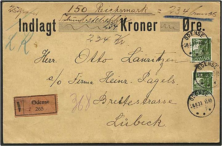 40 øre grøn karavel på værdibrev fra Odense d. 28.6.1933 til Lübeck, Tyskland.
