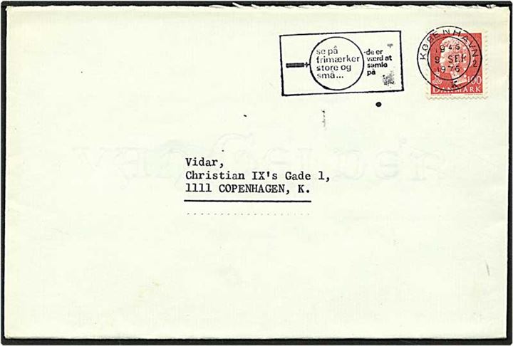 100 øre rød Dr. Margrethe på lokalt sendt brev fra København d. 9.9.1976. Mærket med perfin P01.