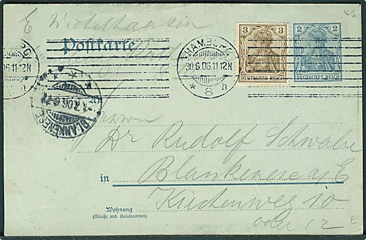Letzte Grüsse auf der 2 Pfg. Postkarte. Hamburg d. 30. Juni 1906. 2 pfg. helsagsbrevkort opfrankeret med 3 pfg. Germania stemplet Hamburg d. 30.6.1906 til Blankensee.