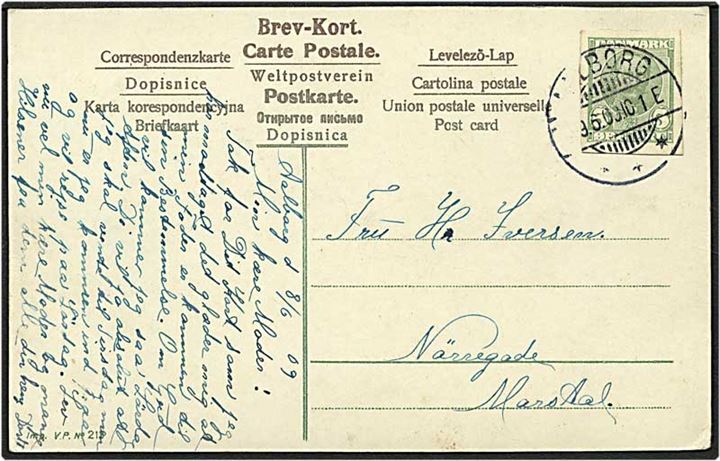 5 øre grøn Fr. VIII helsagsklip på postkort fra Aalborg d. 9.6.1909 til Marstal.