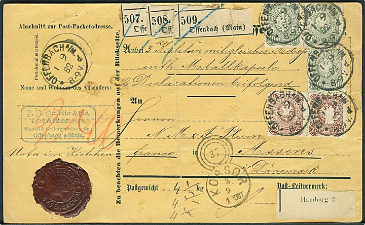 20 pfg. (2), 25 pfg. (2) og 50 pfg. (3) Adler på for- og bagside af adressekort for 3 pakker fra Offenbach d. 1.9.1882 via Hamburg og 37/Korsør til Assens, Danmark. 