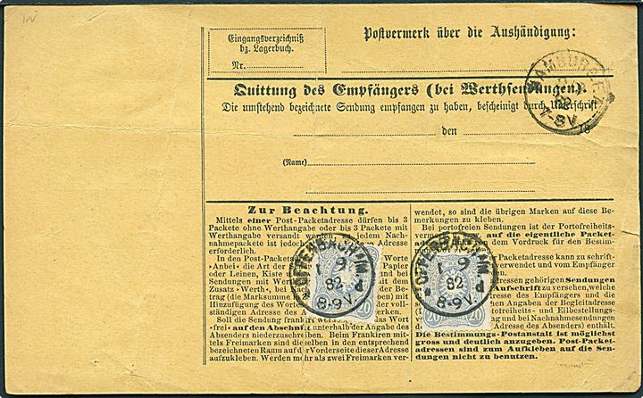 20 pfg. (2), 25 pfg. (2) og 50 pfg. (3) Adler på for- og bagside af adressekort for 3 pakker fra Offenbach d. 1.9.1882 via Hamburg og 37/Korsør til Assens, Danmark. 