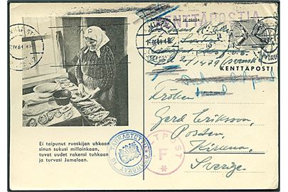 Ufrankeret illustreret feltpostkort stemplet Kenntäposti Konttori N.2 d. 16.9.1941 til Kiruna, Sverige. Fra svensk frivillig løjtnant ved KpK2/1479 (= 4/24. Inf. Reg). Violet stempel Fältpost F. og finsk censur.