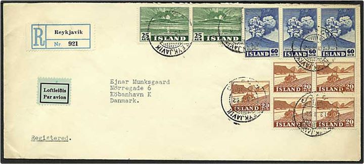 3,30 kr. porto på Rec. luftpost brev fra Reykjavik, Island, d. 13.1.1952 til København.