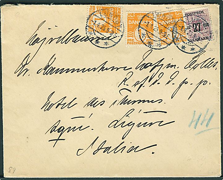 1 øre Bølgelinie (3) og 27/10 øre Provisorium på brev fra Lundby d. 1.4.1925 til Acqui, Italien.