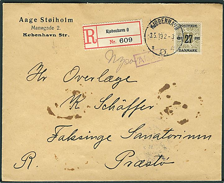 27/1 øre Provisorium single på anbefalet brev fra Kjøbenhavn d. 3.5.1919 til Faksinge pr. Præstø. Rammestempel: Afs. F.