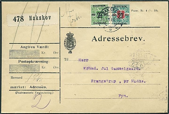 27/20 øre og 27 øre/1 kr. Provisorium på adressebrev for pakke fra Nakskov d. 24.3.1919 til Brangstrup pr. Rudme. Påskrevet: Afs. Frk.