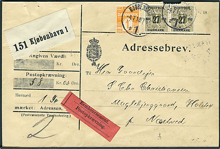 1 øre Bølgelinie og 27/1 øre Provisorium i parstykke på adressebrev for pakke med opkrævning fra Kjøbenhavn d. 4.7.1918 til Holsted pr. Næstved.