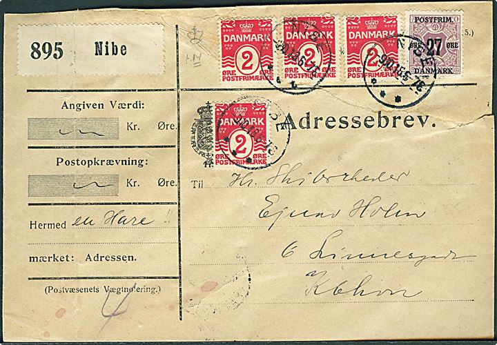2 øre Bølgelinie (4) vm. III og 27/10 øre Provisorium på adressebrev for pakke fra Nibe d. 9.10.1918 til København. Rift.