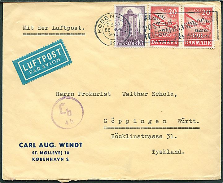 10 øre Rundetårn og 20 øre DDL i parstykke på luftpostbrev fra København d. 22.11.1943 til Göppingen, Tyskland. Violet censur fra Berlin Lb 4b. Rift på bagsiden.
