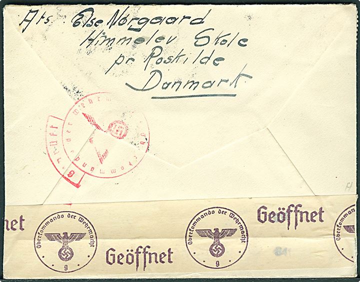5 øre Bølgelinie, 40 øre Karavel og 50 øre Chr. X på anbefalet luftpostbrev fra Roskilde d. 5.10.1940 til Prag, Böhmen-Mähren. Åbnet af tysk censur i Wien.
