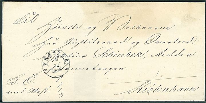 1851. Ufrankeret tjenestebrev mærket K.T. med Attest og 1½-ringsstempel Præstöe. d. 3.12.1851 til Kjøbenhavn.