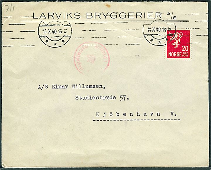 20 øre Løve på brev fra Larvik d. 14.10.1940 til København, Danmark. Åbnet af tidlig norsk censur med neutral brun banderole stemplet Geprüft Deutsche Zensur.