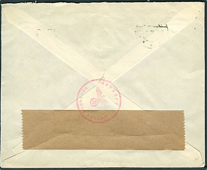 20 øre Løve på brev fra Larvik d. 14.10.1940 til København, Danmark. Åbnet af tidlig norsk censur med neutral brun banderole stemplet Geprüft Deutsche Zensur.