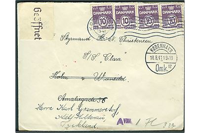 10 øre Bølgelinie (4) på brev fra København d. 16.8.1941 til sømand ombord på S/S Clara via rederi i København - eftersendt til Kiel-Holtenau, Tyskland. Åbnet af tysk censur i Hamburg.