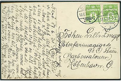 5 øre Bølgelinie (2) på brevkort annulleret med brotype Ic Nexø d. 18.6.1931 til København.