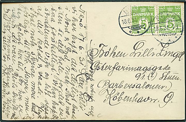 5 øre Bølgelinie (2) på brevkort annulleret med brotype Ic Nexø d. 18.6.1931 til København.