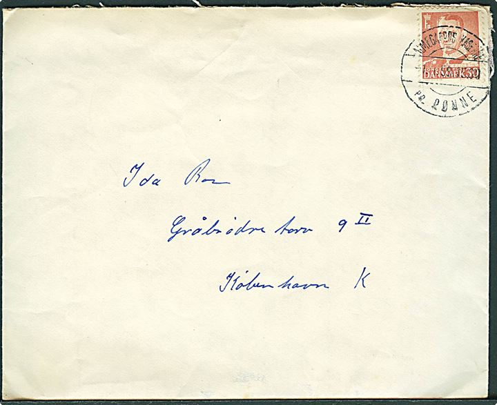 30 øre Fr. IX på brev annulleret med pr.-stempel Almegaards Kaserne pr. Rønne d. 1.1.1959 til København.