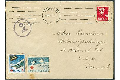 20 øre Løve på brev fra Larvik d. 11.12.194 til Odense, Danmark Passér stemplet Ao ved den tyske censur i Oslo.