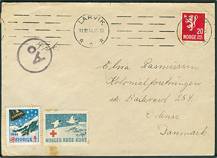 20 øre Løve på brev fra Larvik d. 11.12.194 til Odense, Danmark Passér stemplet Ao ved den tyske censur i Oslo.