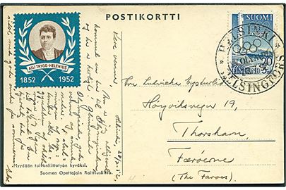 20+3 mk. Olympiade udg. på brevkort annulleret med særligt Olympiade stempel i Helsinki d. 28.7.1952 til Thorshavn, Færøerne.