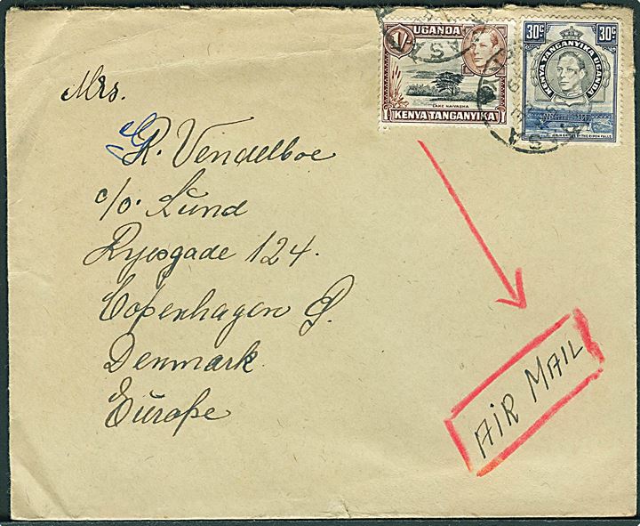 30 c. og 1 sh. George VI på luftpostbrev fra Mombassa d. x.2.1949 til København, Danmark. Fra sømand ombord på S/S Danholm