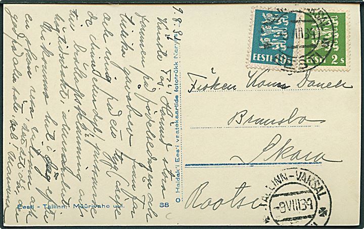 2 s. og 10 s. Løver på brevkort fra Tallin-Vaksal d. 9.8.1934 til Skara, Sverige.