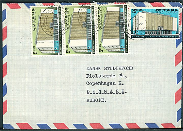 5 c. (3) og 25 c. Bank of Guyana på luftpostbrev fra Charlestown d. 7.10.1967 til København, Danmark. Fra telegrafisk ombord på M/S Angantyr.