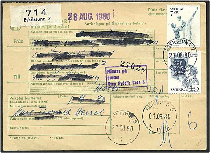 20,50 kr. porto på adressekort fra Eskilstuna, Sverige, d. 27.8.19080 til Göteborg, Sverige,