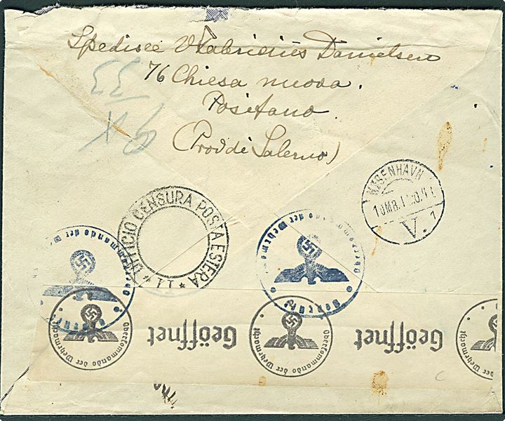 2,75 l.- på anbefalet brev fra Positano d. 30.9.1941 til København, Danmark. Både italiensk og tysk censur.