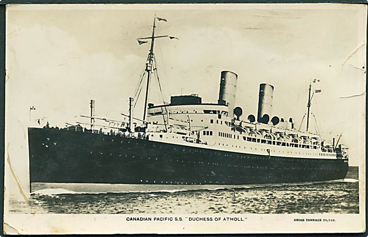 1½d George V på brevkort (S/S Duchess of Atholl) annulleret med canadisk skibsstempel Quebec/Paquebot Posted at Sea d. 16.7.1936 til København, Danmark.