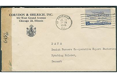 5 cents United Nations på brev fra Chicago d. 11.7.1945 til Nykøbing F., Danmark. Åbnet af amerikansk censur no. 6457.