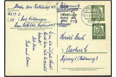 10 pfennig grøn enkeltbrevkort opfrankeret med 10 pfennig grøn fra Bad Wildungen, Tyskland, d. 17.8.1962 til Aarhus.