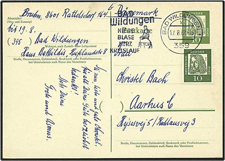 10 pfennig grøn enkeltbrevkort opfrankeret med 10 pfennig grøn fra Bad Wildungen, Tyskland, d. 17.8.1962 til Aarhus.
