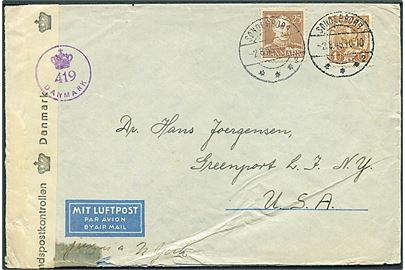 25 øre og 1 kr. Chr. X på luftpostbrev fra Sønderborg d. 2.8.1945 til Greenport, USA. Åbnet af dansk efterkrigscensur (krone)/419/Danmark. Fold.