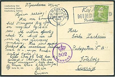 15 øre Chr. X på brevkort fra København d. 30.9.1945 til Göteborg, Sverige. Dansk efterkrigscensur (krone)/502/Danmark.