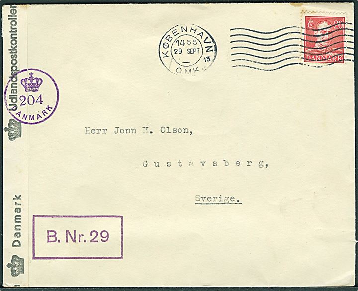 20 øre Chr. X på brev fra København d. 29.9.(1945) til Gustavsberg, Sverige. Violet licens-stempel: B. Nr. 29 og åbnet af dansk efterkrigscensur (krone)/204/Danmark.