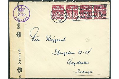 5 øre Bølgelinie (4) på brev fra København d. 15.7.1945 til Ängelholm, Sverige. Åbnet af dansk efterkrigscensur (krone)/509/Danmark. Fra sømand ombord på S/S Birte.
