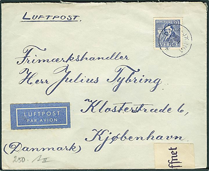 30 öre Berzelius på luftpostbrev fra Dala-Järna d. 27.4.1940 til København, Danmark. Åbnet af tysk censur i Hamburg.