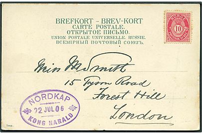 10 öre Posthorn ustemplet på brevkort (Nordkap) med ovalt sidestempel Nordkap * Kong Harald * d. 22.7.1906 til London, England.