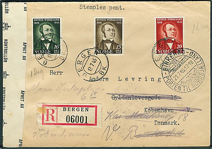 Komplet sæt Wergeland på anbefalet brev fra Bergen d. 12.7.1945 via Stavanger til København, Danmark - eftersendt til Birkerød og København. Åbnet af norsk efterkrigscensur no. 1174