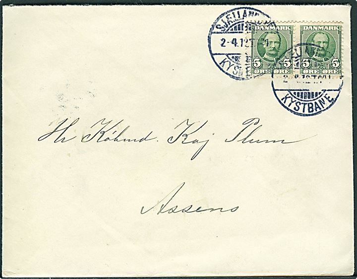 5 øre Fr. VIII i parstykke på brev annulleret med bureaustempel Sjællandske Kystbane T.441 d. 2.4.1912 til Assens.