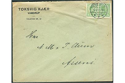 5 øre Chr. X helsagsafklip (2) på brev fra Vamdrup d. 6.9.1917 til Assens.
