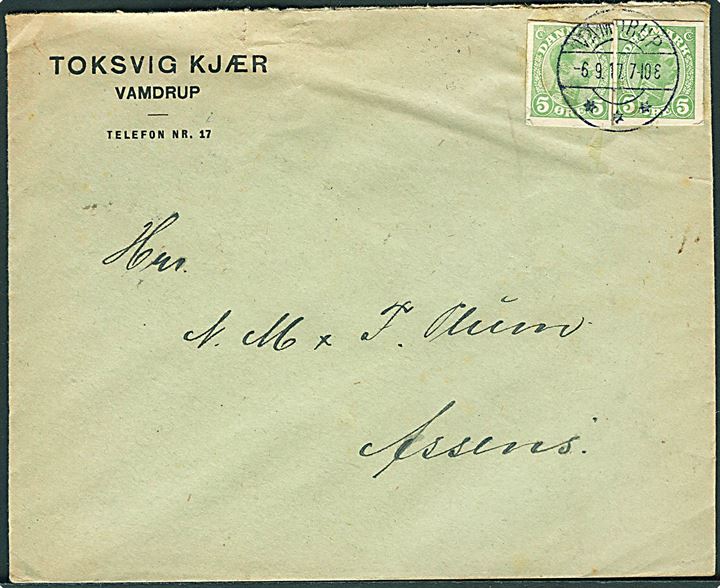 5 øre Chr. X helsagsafklip (2) på brev fra Vamdrup d. 6.9.1917 til Assens.