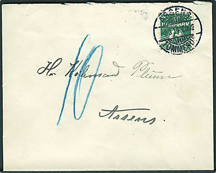 5 øre Bølgelinie på underfrankeret brev annulleret med bureaustempel Assens - Tommerup T.902 d. 3.3.1914 til Assens. Udtakseret i 10 øre porto.