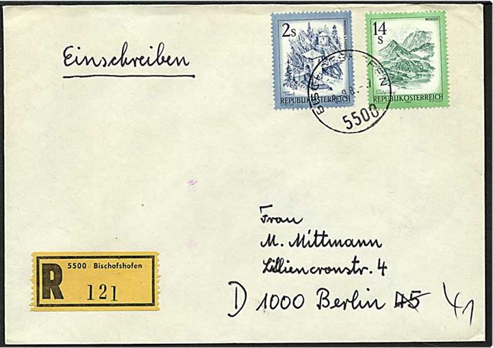 16 shilling på Rec. brev fra Bischofshofen, Østrig, d. 9.8.1981 til Berlin, Tyskland.
