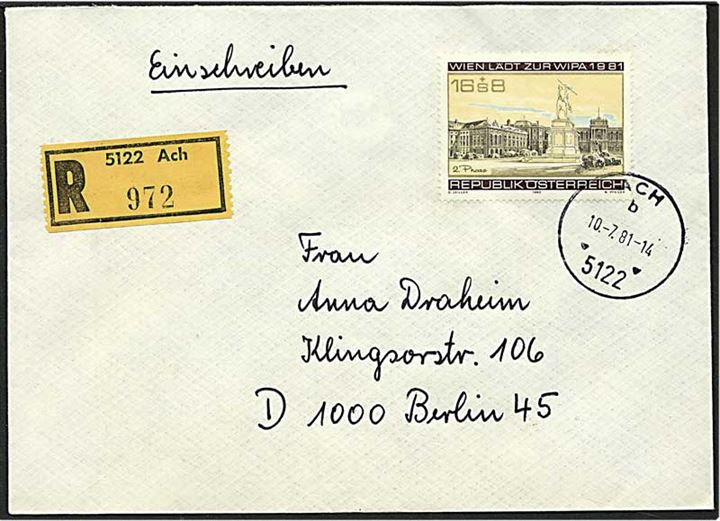 16+8 shilling på Rec. brev fra Ach, Østrig, d. 10.7.1981 til Berlin, Tyskland.