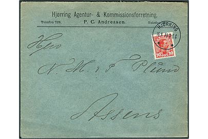 10 øre Chr. X på brev annulleret med brotype IIIb Hjørring ** d. 16.8.1918 til Assens.
