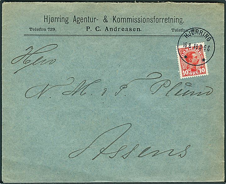 10 øre Chr. X på brev annulleret med brotype IIIb Hjørring ** d. 16.8.1918 til Assens.