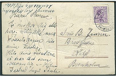 15 øre Chr. X på brevkort annulleret med skibsstempel Rønne Skibsbrev d. 7.4.1920 til Neksø.